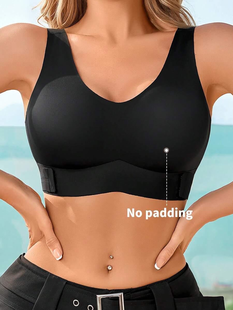1pc Women Seamless No Padding Elegant Breathable Comfortable Crisscross Back Bandeau Bra - Black - View 1