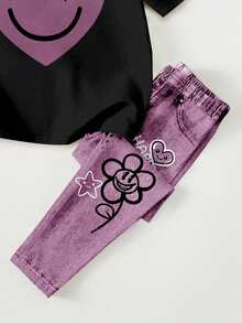 黑色和粉色，街头休闲仿牛仔布印花宽松圆领短袖T恤和打底裤套装，柔软舒适，适合女童日常穿着、街头风、外出、居家、度假、返校、春夏等场合。 - 白色 - 查看 6