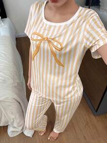 SHEIN 粉色条纹蝴蝶结印花短袖长裤女士睡衣套装 - 彩色 - 查看 4