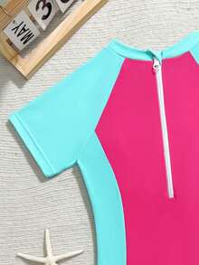 SHEIN 少女撞色拉链防晒衣，适合冲浪、运动游泳、夏季、海滩、泳池、度假 - 彩色 - 查看 6