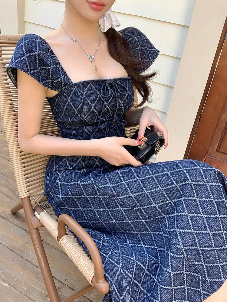 DRESSEDUNDRESSED 20AW ¥92,400 DAZY Vintage Washed Blue Textured Plaid Dress, Elegant Fit & Flare