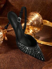 CUCCOO TILAWA Pointed Toe High Heel Closed Toe Full Rhinestone Lady Backless Sandals, Sexy For Evening Wear Spring Shoes Spring Break Easter Prom Heels For Christmas - Black - View 3