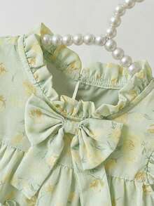 SHEIN Đầm bé gái thời trang, họa tiết hoa, đính nơ, thích hợp mặc vào mùa xuân, hè, thu, ở nhà, đi nghỉ mát, dự tiệc và mặc hàng ngày. - màu xanh lá - Xem 4