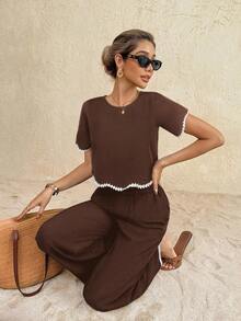 SHEIN Frenchy Bộ đồ 2 món dành cho nữ, kiểu dáng thường ngày, phối áo và quần, thích hợp cho kỳ nghỉ. - màu nâu - Xem 7