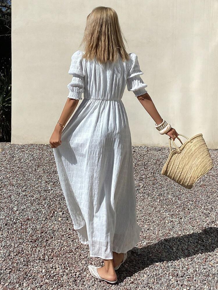 Women's V-Neck Petal Sleeve Waist Cinched Mid-Length Dress, White Solid Color, Suitable For Summer Weddings, Graduations, Holidays, Easter Sundress