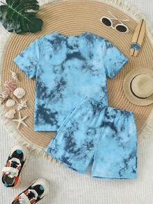 男童夏季休闲扎染数字印花T恤和短裤套装 - 彩色 - 查看 2