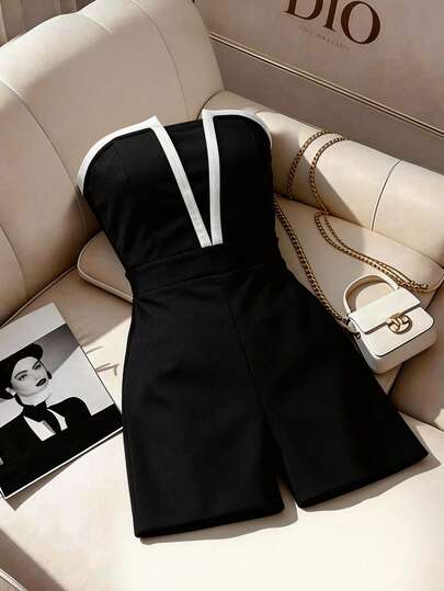 Franclia 2026新款夏季女装黑白撞色抹胸连体裤，法式V领收腰显瘦连体裤，性感无肩带露背修身连体裤，小众撞色收腰连体裤，大码遮肉显瘦款式，百搭连体裤，适合约会、派对、夜生活等场合，性感单肩连体裤，通勤、日常休闲穿着皆宜。