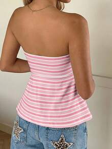 CovetEZ Women's Casual Minimalist Sweet American Style Pink & White Striped Print Blouse - Retro Y2K Soft Girl Clean Girl Look, Perfect For Summer Vacation, Western Festival, Beach, College, Back To School, S - Multicolor - View 2