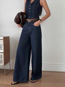 DAZY Bộ đồ thường ngày mùa hè dành cho nữ: áo cardigan không tay cổ chữ V và quần jeans ống rộng. - Rửa tối - Xem 4