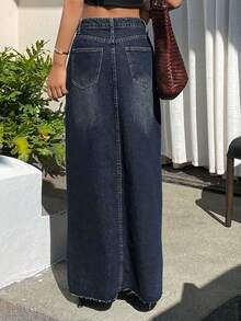 Dazy Tall Falda vaquera recta con dobladillo deshilachado y abertura para mujer alta, estilo casual de calle - Azul lavado oscuro - Ver 2