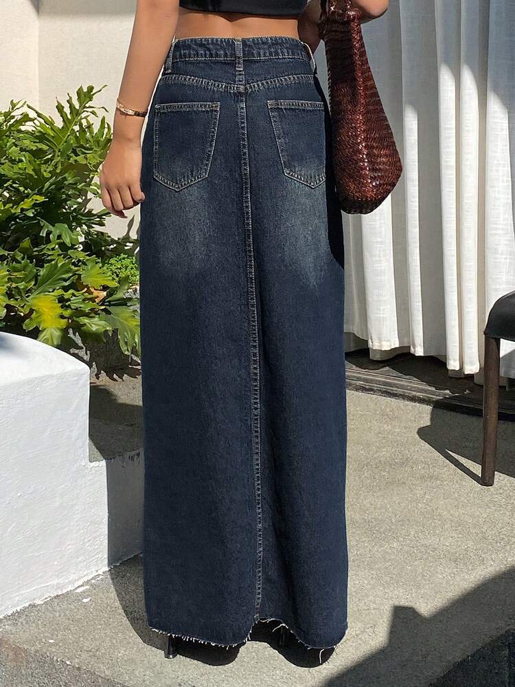 Tall Women's Frayed Hem Slit Straight Denim Skirt, Casual Street Style