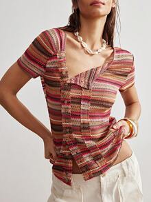 Bohemela Women's Pink Stripe Y2K Summer Boho Vacation Imitation Crochet Knitted Asymmetrical Placket T-Shirt,Bohemian Music Festival Casual Short Sleeve Top - Multicolor - View 2