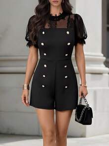 Editum 春夏新款黑色长袖蕾丝边饰优雅修身设计金色装饰纽扣天鹅绒连体裤，女士冬季、圣诞节、新年服装 - 黑色 - 查看 9