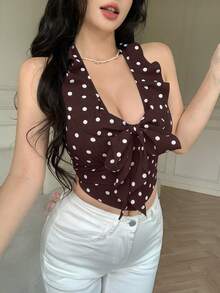 Celisse Elegant French Polka Dot Backless Halter Neck Ruffle Hem Camisole - Multicolor - View 5