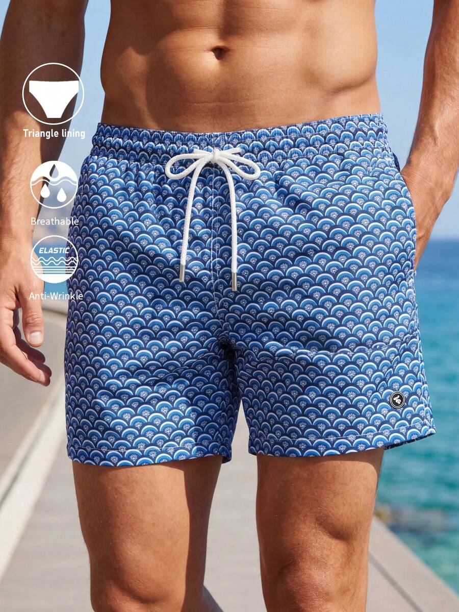 Horizaway Men's Drawstring Waist Pockets All-Over Print Casual Versatile Beach Shorts Breathable Swim Shorts Men Blue Swim Trunks Vacation Swimwear Patterned Swim Trunks - Blue - View 1