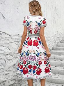 Ellevyn 女士印花V领短袖中长连衣裙，度假风 - 紅白色 - 查看 2