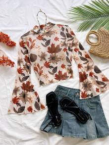 Soleia Neue Bluse mit Blattdruck, weite Ärmel und figurbetonter Passform, bohemian, boho, Urlaub, Herbst Damenmode, vintage, Feiertage - Aprikosenfarben - Übersicht 5