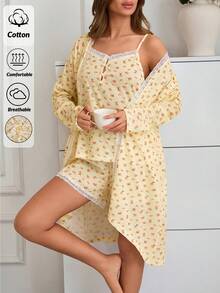 Cute Little Lemon Print 3 Pieces Pajama Set With A Lace Detailed Robe Comfortable Lounge Wear - White - View 1