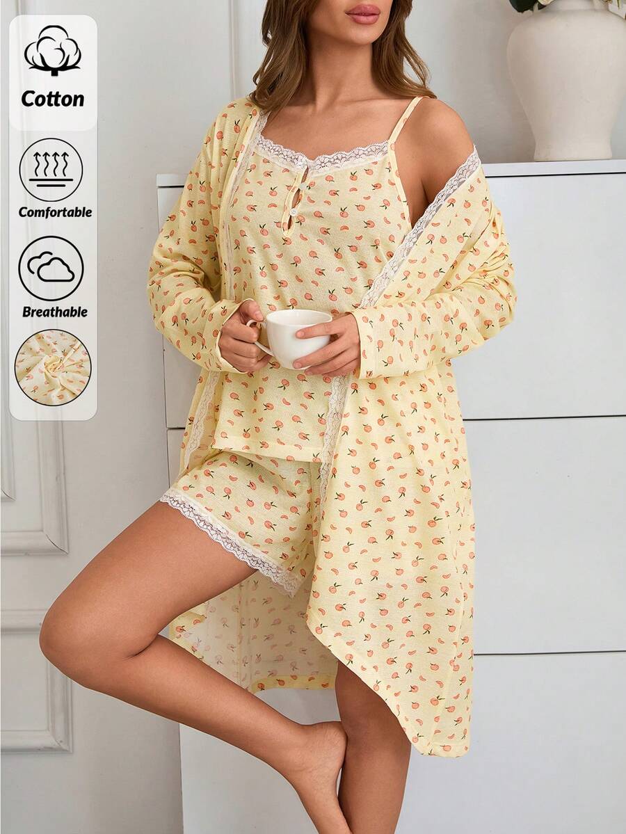 Cute Little Lemon Print 3 Pieces Pajama Set With A Lace Detailed Robe Comfortable Lounge Wear - White - View 1