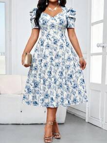 SHEIN Lady Vestido midi elegante con estampado floral, cuello en V y parches de malla de 3/4 de manga para mujer de talla grande. Vestidos elegantes para mujeres, atuendos de vacaciones, vestido de primavera, vestido floral elegante de verano, ropa elegante para mujer - Multicolor - Ver 1