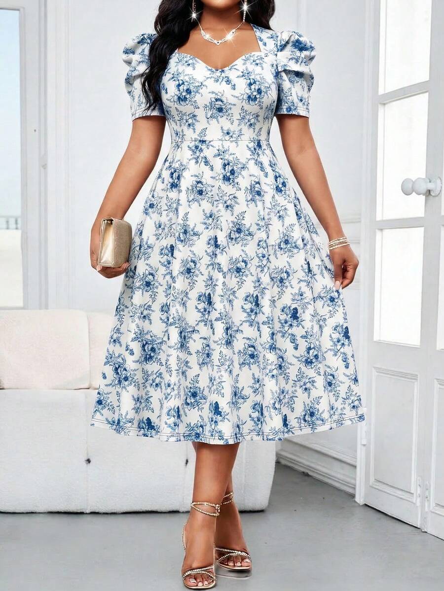SHEIN Lady Vestido midi elegante con estampado floral, cuello en V y parches de malla de 3/4 de manga para mujer de talla grande. Vestidos elegantes para mujeres, atuendos de vacaciones, vestido de primavera, vestido floral elegante de verano, ropa elegante para mujer - Multicolor - Ver 1