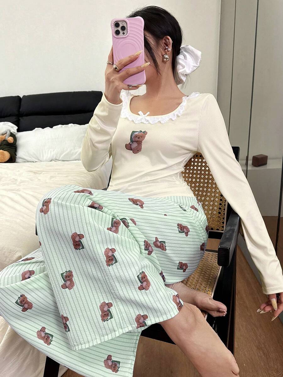 Napfluff Cute Bear Lace Decor Fitted Top And Loose Comfortable Pants Women Pajama Set - Green - View 1