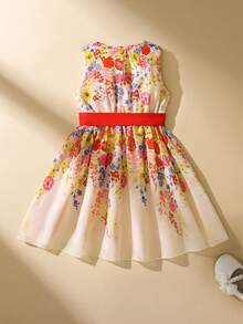 SHEIN 小女孩优雅碎花连衣裙，配有腰带，适合外出和度假 - 紅色 - 查看 2