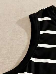 GlowEve CURVE Plus Size Women Black And White Striped Round Neck Tank Top Summer Sleeveless Vest,Versatile Casual Smart Casual Stripe Tops For School New Arrivals - Black - View 5