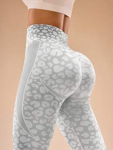 Gameset SHEIN Sport Gray & White Leopard Print Jacquard Seamless Leggings Yoga Women Pants - Grey - View 7