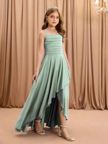 女童优雅时尚奢华吊带交叉肩无袖高腰收腰喇叭裙摆不对称长款下摆设计纯色缎面亮面面料高端圣诞节、毕业典礼、派对、万圣节活动礼服 - 綠色 - 查看 3