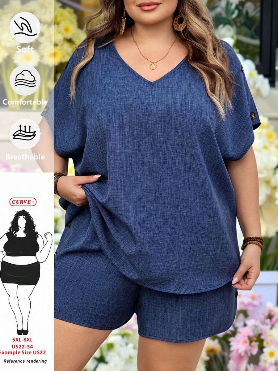 SHEIN CURVE+ Curve 尺码 US22 音乐节、海滨度假、波西米亚风两件套纽扣装饰休闲上衣和松紧腰短裤套装，百搭单品，适合户外和通勤，女士夏季服装，乡村音乐节装扮，春夏款 - 藍色 - 查看 1