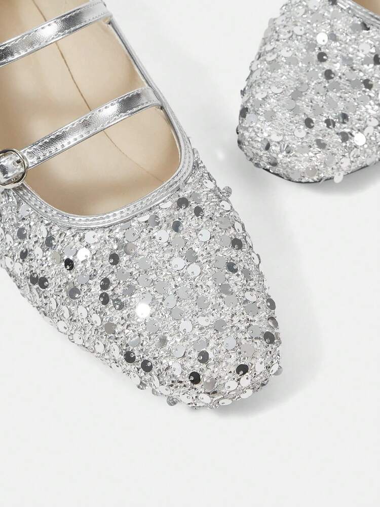 CUCCOO HITCHD 女士亮片套脚鞋，春季新款宽松单扣亮片浅口休闲软底方头鞋 - 銀色 - 查看 4
