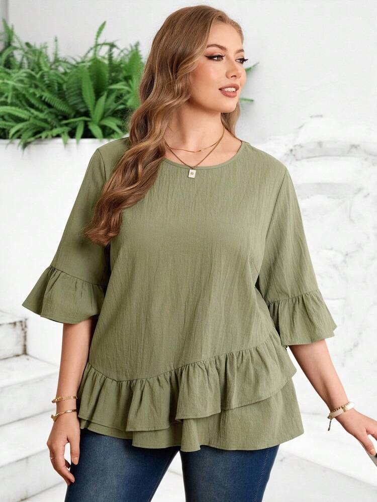 Plus Size Women's Summer Casual Vacation Solid Color Military Green Round Neck Ruffle Hem Blouse,Comfortable And Breathable,Summer Holiday,Spring Break,Vacation,Holiday,Going Out,2026 New,Simple And Fashionable For Everyday Wear,Casual Vacation Boho Top,Suitable For Summer, Vacation, Commute, Daily Wear, Summer Tops