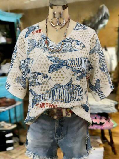 EMERY ROSE Spring/Summer Fashion Casual Resort Wear For Plus-Size Women Tropical Sardine Letter Print Short-Sleeve Knit Cardigan Plus-Size Knit Pullover Sweater Plus-Size Women's Beachwear