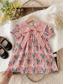 SHEIN Đầm liền thân cho bé sơ sinh, kiểu dáng đơn giản, rộng rãi, họa tiết hoạt hình, cổ tròn, tay ngắn, hoàn hảo cho mùa hè. - màu đen - Xem 3