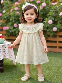 SHEIN Vintaside Kids 女婴甜美花卉图案吊带背心和牛仔短裤套装，蝴蝶结装饰，适合休闲外出、家庭聚会、夏日漫步、舞蹈主题活动、女婴生日派对等场合。 - 杏色 - 查看 6