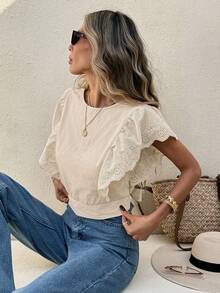 Serisse Women's Apricot V-Neck Ruffle Trim Backless Blouse - Apricot - View 2