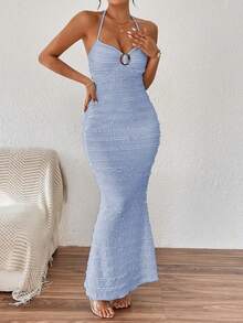 Rafferiza Petite Đầm maxi nữ kiểu đuôi cá cổ yếm với đường viền phía trước có họa tiết. - Xám Xanh - Xem 5