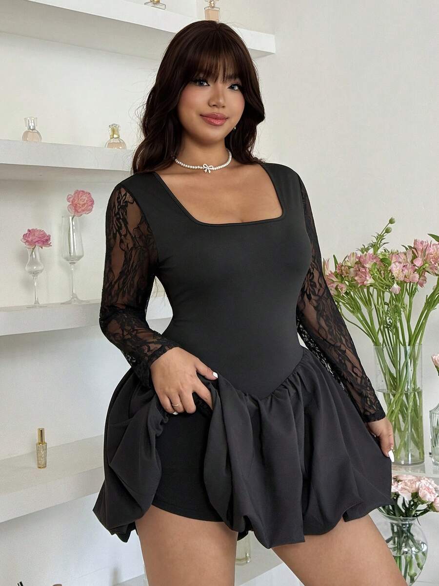 SHEIN EZwear Abito elegante da festa con vita aderente, in taglie comode, con inserti in rete e volant - nero - Visualizzare 1