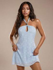 Avantive Women's Blue Polka Dot Halter Neck Sleeveless A-Line Short Dress,Summer Boho Holiday Boat Trip Beach Outfit,Baby Blue Pastel 2000s Elegant Party Dress - Blue - View 4