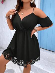 Breezaya Pure Plus Size Fashionable Solid Color Cold Shoulder Hollow-Out Dress - Black - View 7