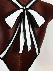Amplova 女士性感连体泳衣，黑白撞色，紧身设计，深V领，露背蝴蝶结装饰，适合情人节高端穿搭 - 白色 - 查看 8