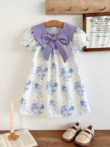 Young Girl Bowknot Floral Pattern Cute Dress - Multicolor - View 4