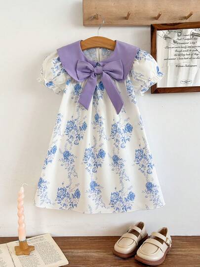 Young Girl Bowknot Floral Pattern Cute Dress