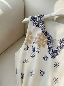 Franclia Đầm kiểu Pháp thanh lịch, cổ chữ V, không tay, thắt eo, in họa tiết, dành cho nữ. - Màu be - Xem 5