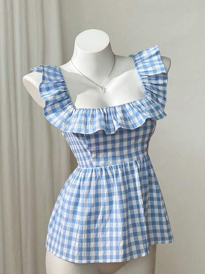 Elamini Camisa de mujer de verano con cuello cuadrado a cuadros azules y decoración de volantes en el bajo