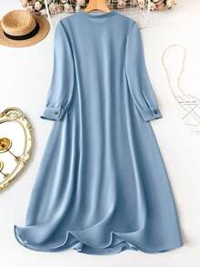 EMERY ROSE Plus Size Solid Color Front Buttoned Long Sleeve Dress, For Christmas Maxi Women Outfit Fall - Dusty Blue - View 2