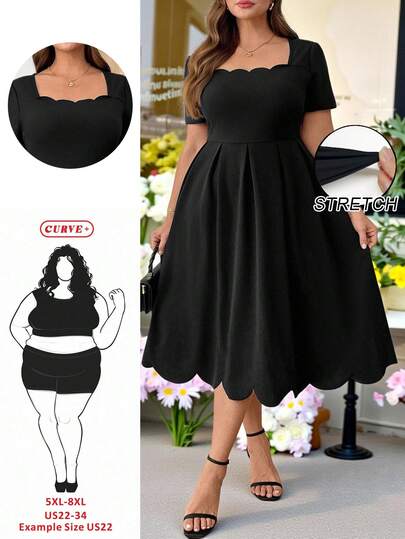 SHEIN CURVE+ 大码时尚纯色方领贝壳边优雅女装