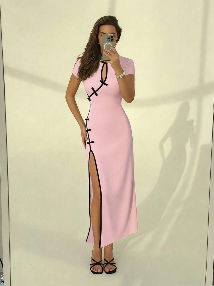 Franclia Fashionable Women's Chinese New Year Buckle Dress, Elegant New Chinese Style Dress, Contrast Color Trim Long Dress Women Dress Cheongsam Dress New Arrival Dress Pink Cheongsam High Quality Dress Elegant Outfits For Women Qipao Dress - Baby Pink - View 6