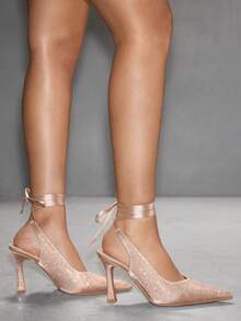 CUCCOO SZL Zapatos de tacón con punta fina, decorados con rhinestones y lazo, elegantes para mujer, para el verano - Champán - Ver 7